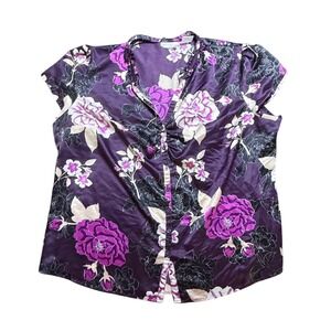 Worthington Women's Purple Floral Button Up Top Short Sleeve‎